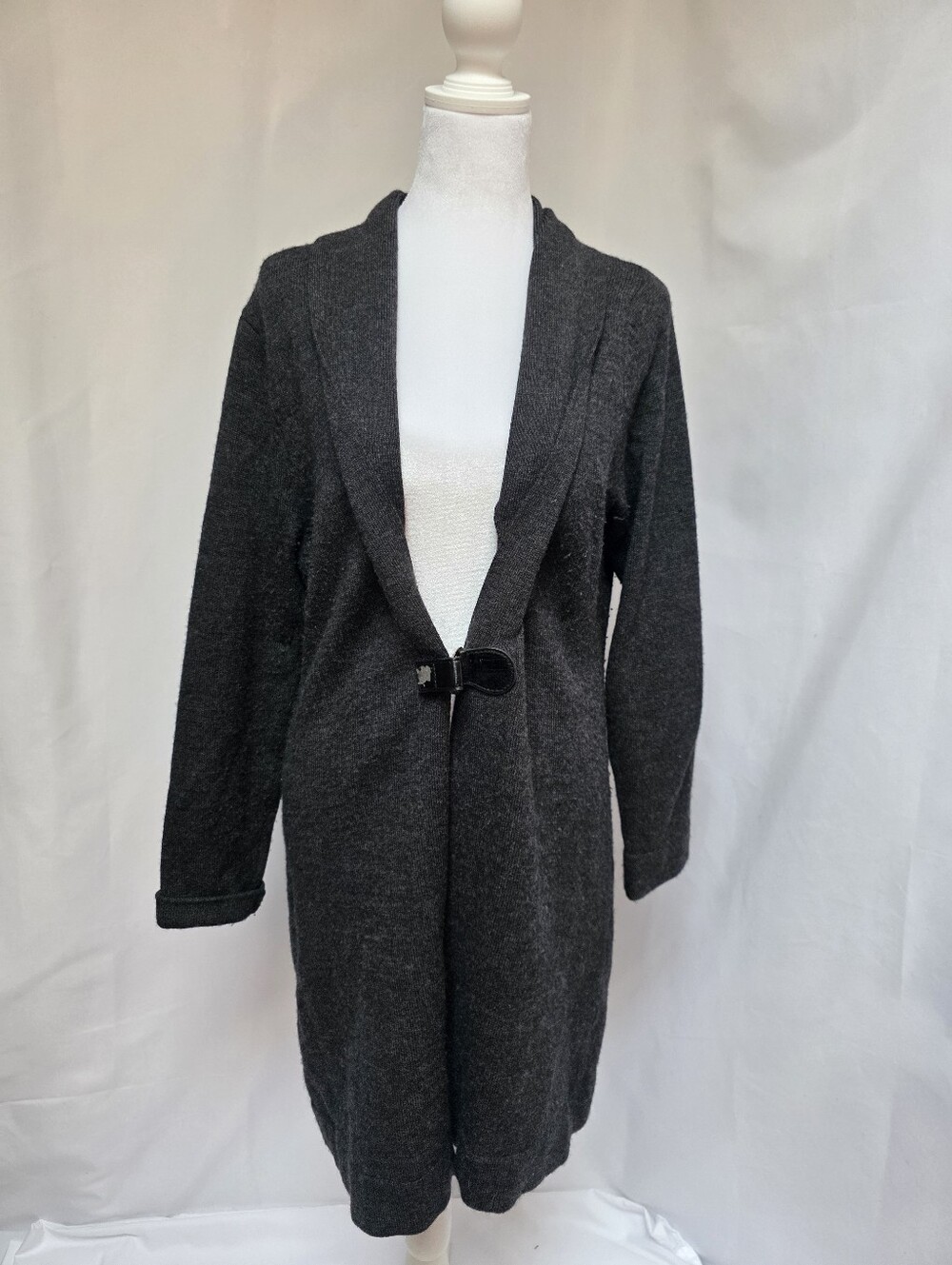 Valerie Bertinelli 100% Merino Wool Long Cardigan XL Gray Belted - Picture 2 of 8